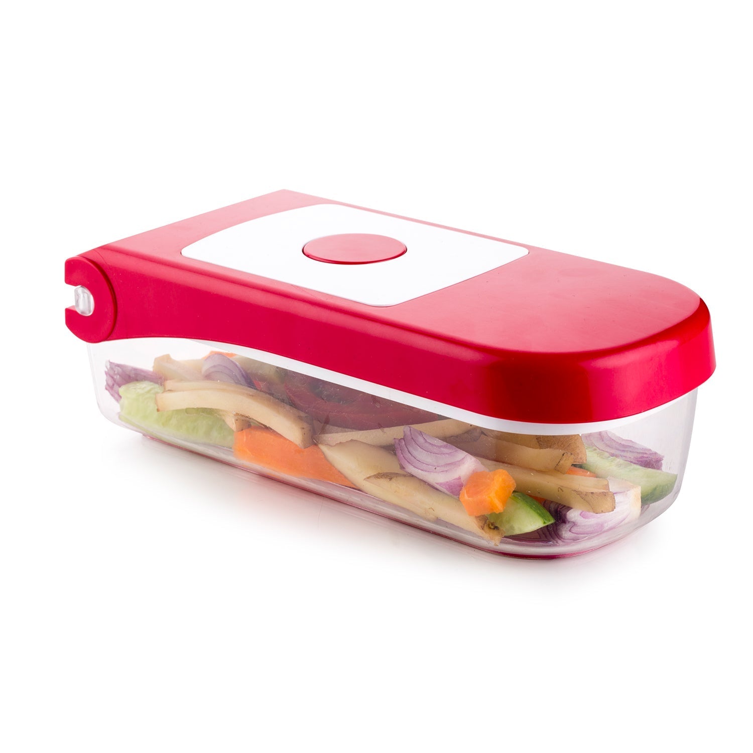 Plastic chopper by Ganesh, red, for vegetables and fruits, various perspectives. Plastic chopper by Ganesh, red, for vegetables and fruits, various perspectives.